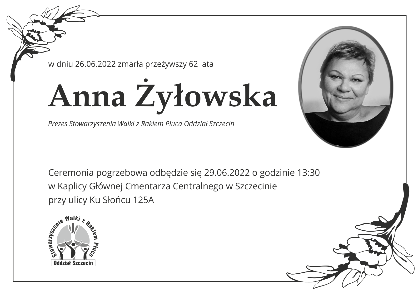 Informacja o pogrzebie Prezes Anny Żyłowskiej